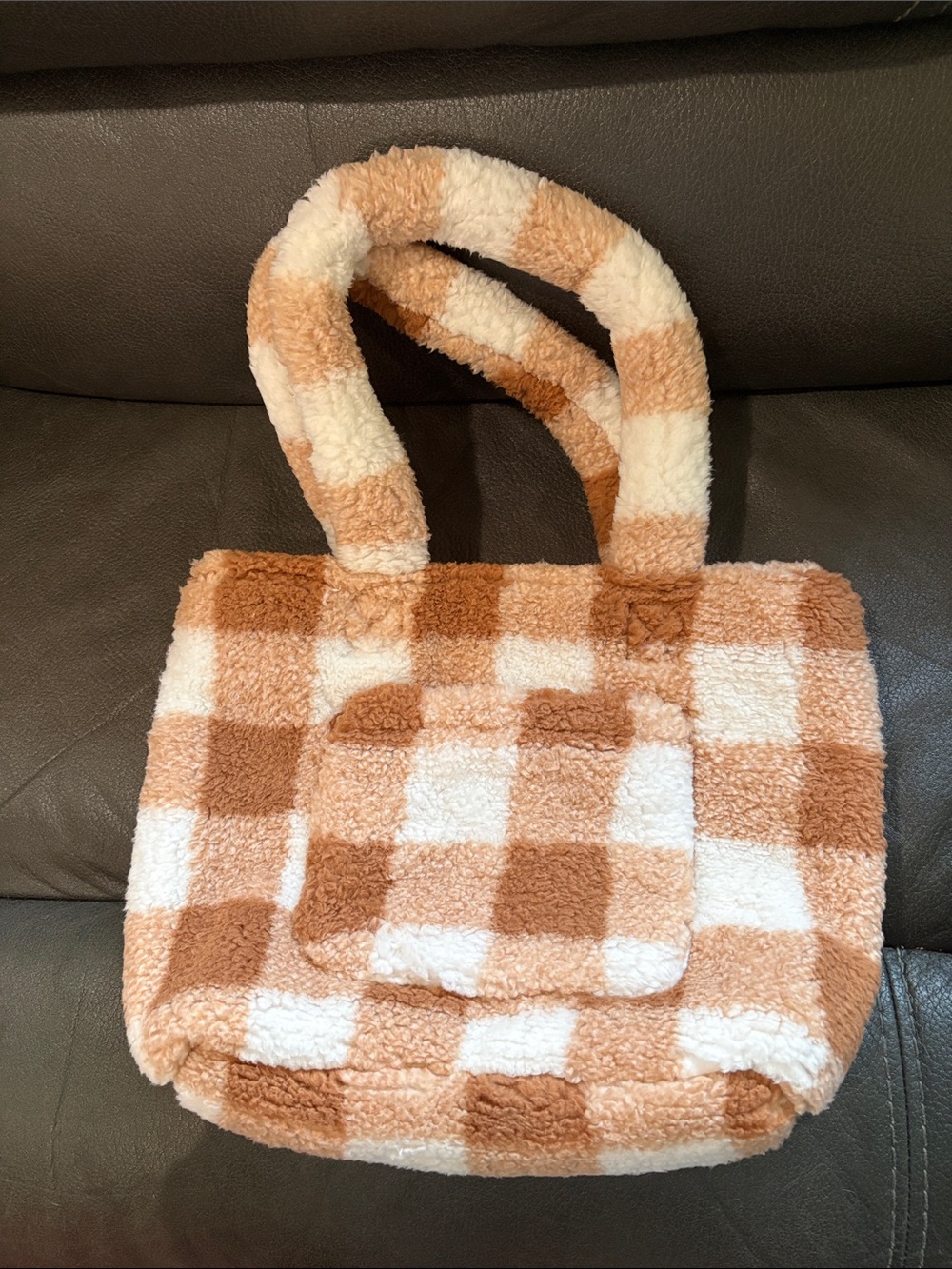 BumbleBella by Jill Martin tan and white Sherpa plaid bag with crossbody